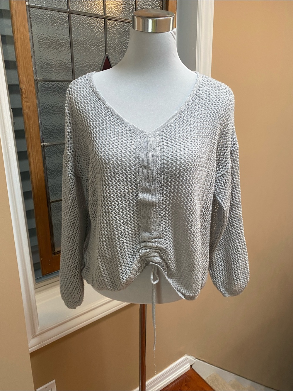 Light Gray V-Neck Drawstring Knit Sweater